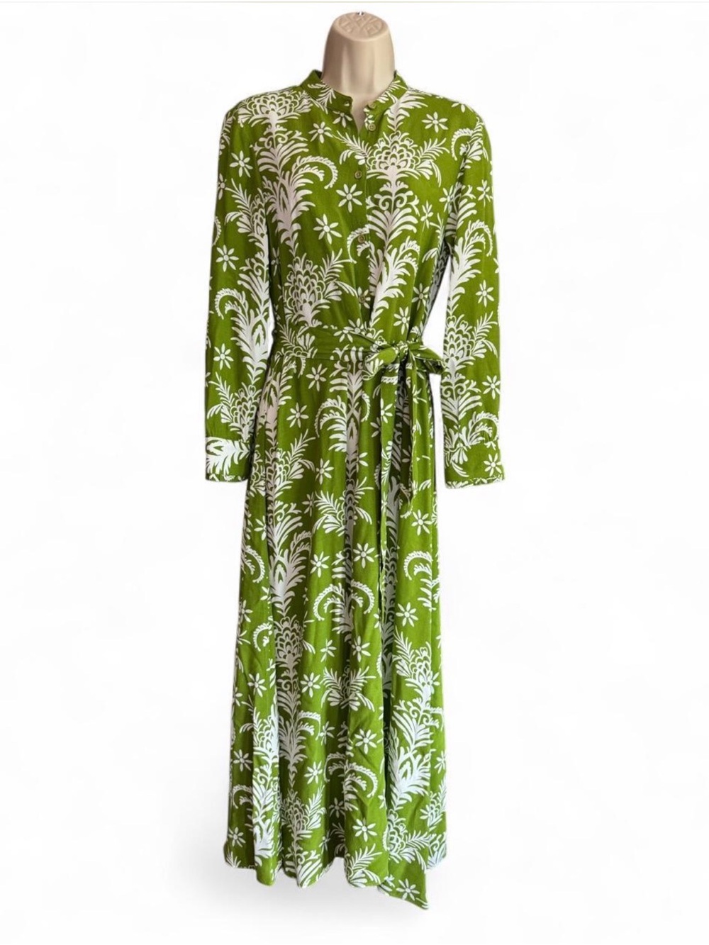 Zara Green White Floral Damask Print Belted Maxi Dress Size Small Viscose